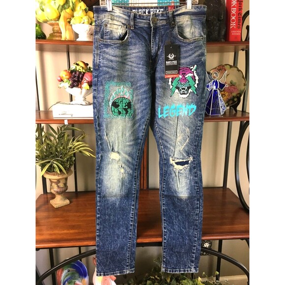 NWT BLACK PIKE LEGEND Embroidered Distressed Biker Stretch Slim Denim Jean 32X32 - Picture 3 of 15